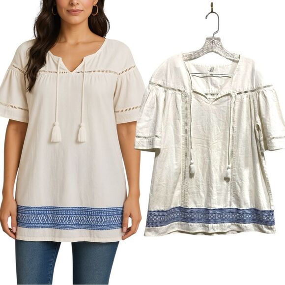 dRA Los Angeles White Blue Embroidered Boho Peasant Blouse S - Picture 1 of 12